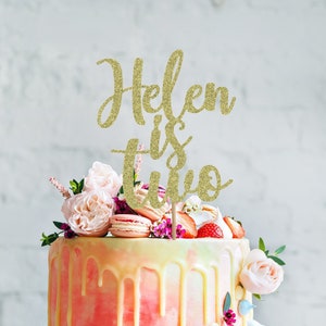 2nd birthday cake topper, Gold Glitter Personalized Two Cake Topper, Gold glitter cake topper, Second birthday cake topper.