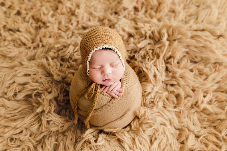 RTS Newborn Bonnet, Newborn Cap, Newborn Girl, Newborn knitted hat, Newborn Session, newborn photography prop, newborn prop bonnet 1. Camel