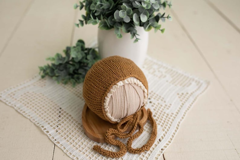 RTS Newborn Bonnet, Newborn Cap, Newborn Girl, Newborn knitted hat, Newborn Session, newborn photography prop, newborn prop bonnet zdjęcie 6