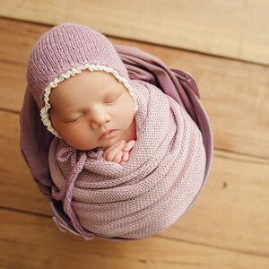 RTS Newborn Bonnet, Newborn Cap, Newborn Girl, Newborn knitted hat, Newborn Session, newborn photography prop, newborn prop bonnet 4. Lavender