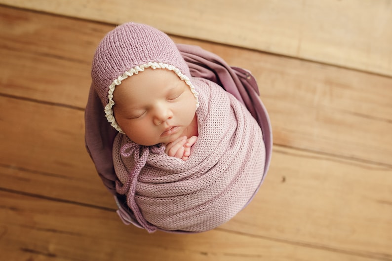 RTS Newborn Bonnet, Newborn Cap, Newborn Girl, Newborn knitted hat, Newborn Session, newborn photography prop, newborn prop bonnet 4. Lavender