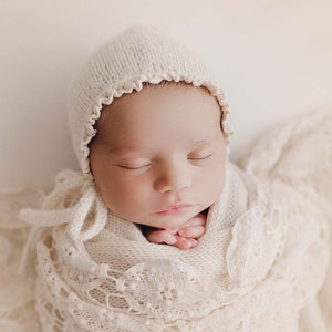 RTS Newborn Bonnet, Newborn Cap, Newborn Girl, Newborn knitted hat, Newborn Session, newborn photography prop, newborn prop bonnet 3. Ivory