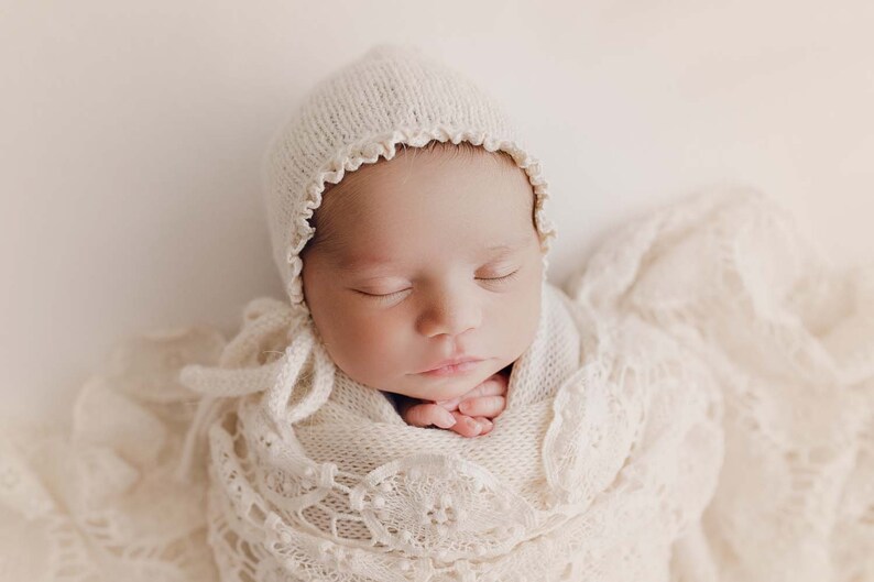 RTS Newborn Bonnet, Newborn Cap, Newborn Girl, Newborn knitted hat, Newborn Session, newborn photography prop, newborn prop bonnet 3. Ivory