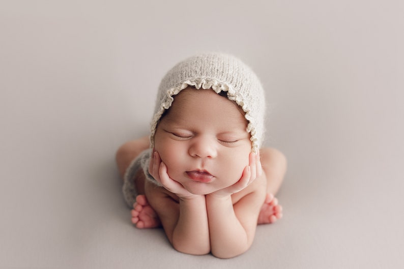 RTS Newborn Bonnet, Newborn Cap, Newborn Girl, Newborn knitted hat, Newborn Session, newborn photography prop, newborn prop bonnet 2. Light Grey