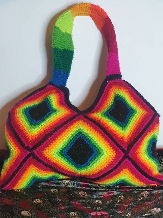 Crochet Granny Square, Neon Wool, 1960's, Steel Z… - image 2
