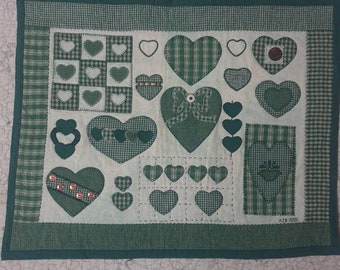 Applique, Embroidered, Heart Wall Hanging, Made in 2000 by AJB, Green and White Cotton and Linen, Primitive Style