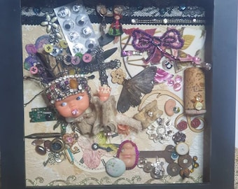 Assemblage Art Piece, Taxidermy, Dolls, Vintage Jewellery, Box Framed, Found Items, Handmade, One Off, Gothic, Halloween, Witchy