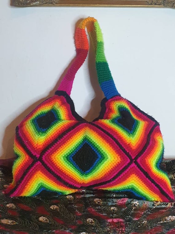 Crochet Granny Square, Neon Wool, 1960's, Steel Z… - image 1