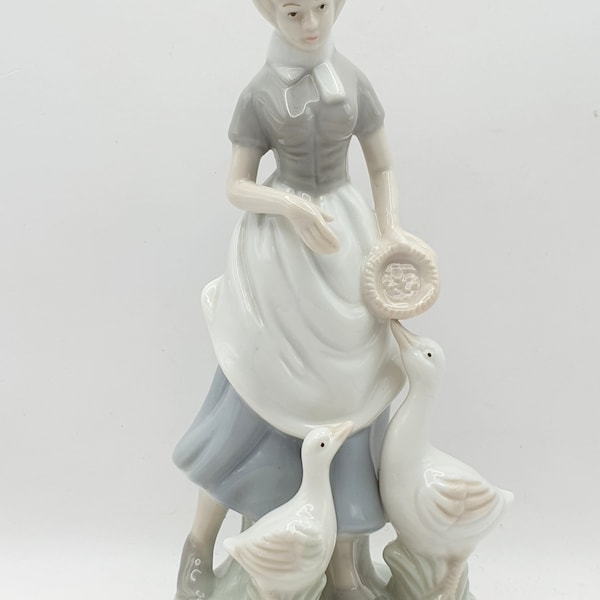Porcelain Farm Girl Figurine Feeding Geese, Webb Japan, Muted Colours, High Gloss Finish, Lladro Style, Vintage 1970s Cottage Core Decor