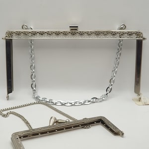 Purse Frames Silver Filigree and Embossed Vintage Patterned Handles 1900s Style Crochet Patchwork Applique Bags