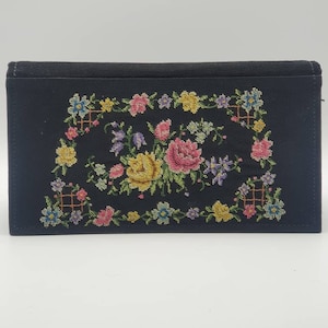 Gorgeous Black Clutch Bag, Purse, Petite Point, Trellis and Flowers, Made in Australia, 1940's-1950's