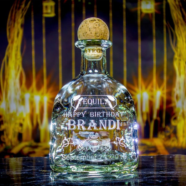 Patron Tequila Custom Engraved & Personalized Bottle Decanter (Empty), Engraved Label Birthday Gift Tequila Lover