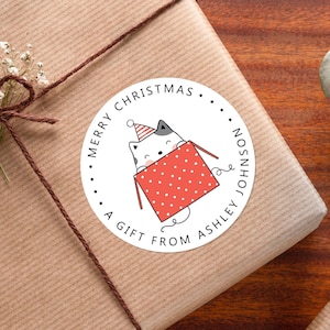 Personalized Christmas Gift Label Stickers | Cute Cat Christmas Labels | Gift Wrap Stickers | 2 x 2 INCHES | Design #135