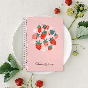 Strawberry Notebook, Pink Notebook Cover, Strawberry Journal, Lined or Unlined Spiral Soft Cover Spiral Book, Design #147