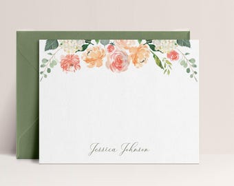 Personalized Note Cards Floral, Custom Stationary Girl, Flat Cards and Envelopes, Sold in Sets of 10, Design #36