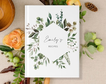Personalized Recipe Book Write In, Watercolor Greenery Custom Cookbook Blank, 8.5 x 11 inches