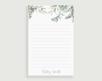 Teacher Gift Personalized Monogram Notepad For Her Green Leaves Personalized Floral Stationary Watercolor Greenery Plants To Do List