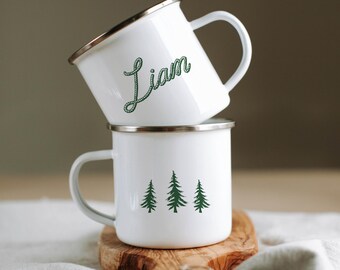 Personalized Name Mug, Enamel Camping Mug, Ceramic Cup, Rustic Pine Tree Gift, MUG001