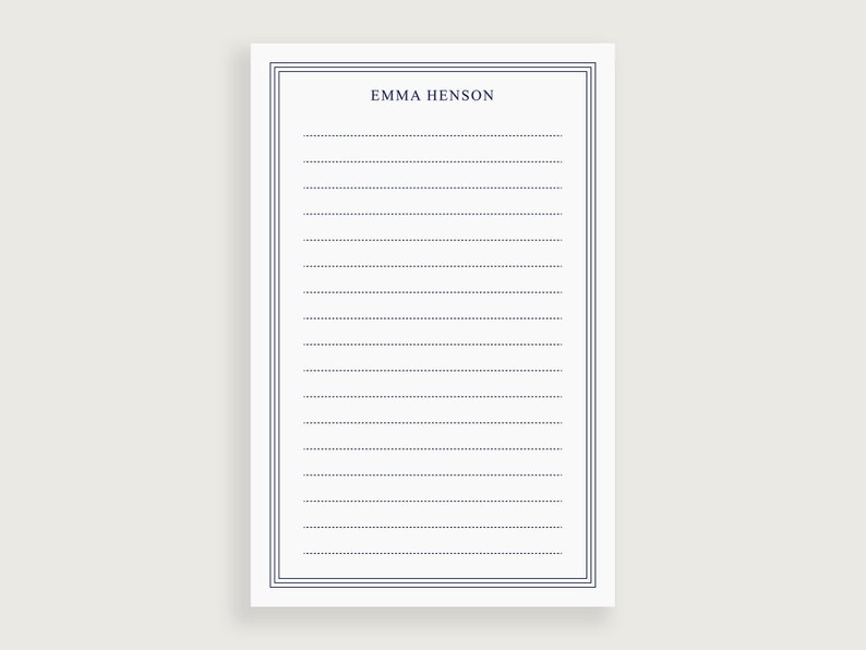 May include: A white lined notepad with a blue border and the name "Emma Henson" printed at the top.