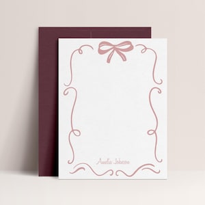 Bow Note Cards Personalized | Coquette Aesthetic Stationery Set | Color Choices Available | Set of 10 Flat Cards and Envelopes | Design #163