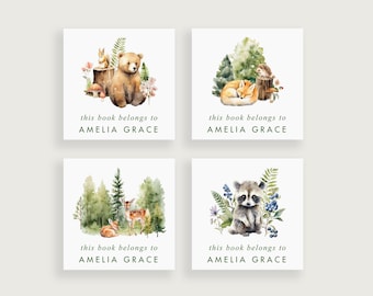 Woodland Animal Bookplate Stickers, Personalized Kids Library Labels for Baby, Child, and School Books | 4 Designs | 2 x 2 inches | #179