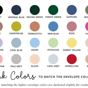 a collection of 16 different ink colors, each corresponding to a different envelope color. The ink colors are arranged in a grid format, with each color paired with its corresponding envelope color. The ink colors are darkened slightly for readability, and the text indicates that the ink colors are designed to match the lighter envelope colors.
