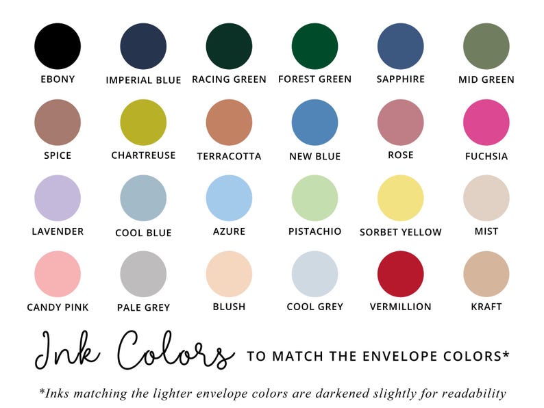 a collection of 16 different ink colors, each corresponding to a different envelope color. The ink colors are arranged in a grid format, with each color paired with its corresponding envelope color. The ink colors are darkened slightly for readability, and the text indicates that the ink colors are designed to match the lighter envelope colors.