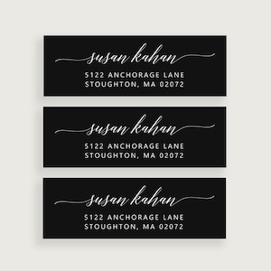 May include: Three black and white return address labels with the name "susan kahan" and the address "5122 Anchorage Lane, Stoughton, MA 02072" in white text.