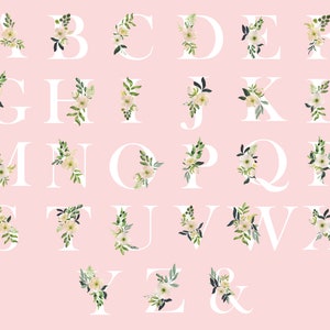 May include: White letters of the alphabet with floral embellishments on a pink background. The letters are decorated with white flowers and green leaves.