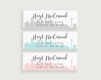 Seattle Washington Skyline Return Address Labels, Sticker Address Label, Design #61