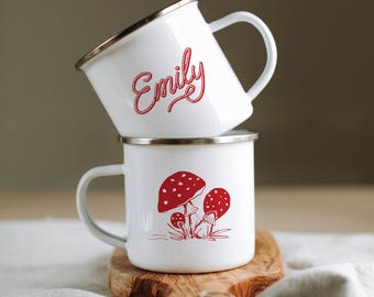 Personalized Mushroom Mug, Enamel Camping or Ceramic Cup, Cottagecore Name Gift Rustic, MUG003