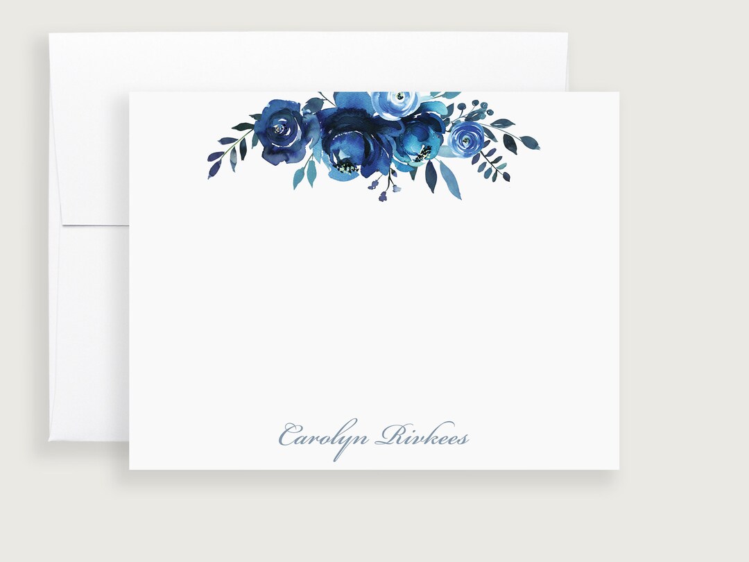 Personalized Note Cards With Envelopes, Blue Floral Stationery Set ...