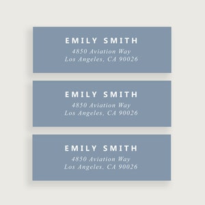 May include: Three blue rectangular return address labels with white text. The text reads "EMILY SMITH", "4850 Aviation Way", and "Los Angeles, CA 90026".