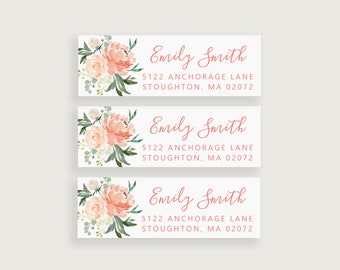 Peach Floral Return Address Label Stickers, Watercolor Address Labels, Design #36