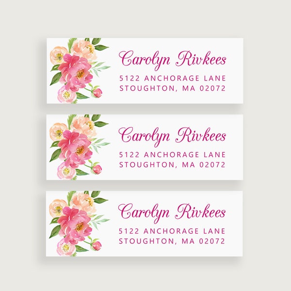 Pink Return Address Labels, Address Labels Floral, Peony Stationary, Design #14