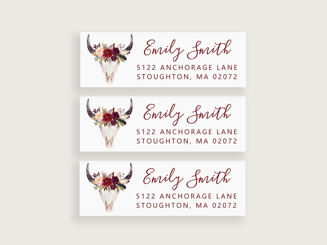 Rustic Address Lables Rustic Return Address Label, Cow Skull With Flowers, Rustic Address ...