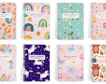 Personalized Book for Girls, Custom Spiral Lined Notebook or Blank Sketchbook, Unicorns, Mermaids, Rainbow