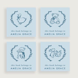 Baby Bookplate Stickers – Personalized Blue Nursery Library Labels with Vintage Animal Design | Color Options | 2 INCHES | Design #178