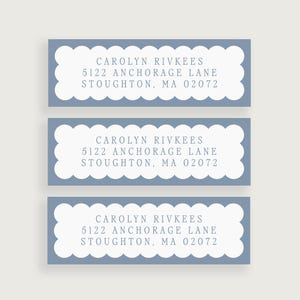 May include: Three address labels with a scalloped edge design. Each label has a light blue border and a white interior with the name "CAROLYN RIVKEES" and address information: 5122 ANCHORAGE LANE, STOUGHTON, MA 02072.