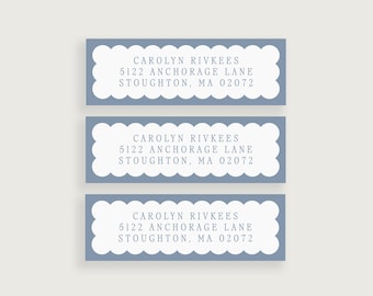 May include: Three address labels with a scalloped edge design. Each label has a light blue border and a white interior with the name "CAROLYN RIVKEES" and address information: 5122 ANCHORAGE LANE, STOUGHTON, MA 02072.