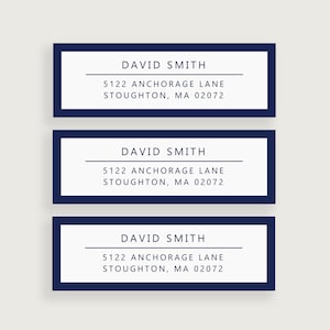 May include: Three blue rectangular return address labels with white text. The text reads "DAVID SMITH", "5122 ANCHORAGE LANE", and "STOUGHTON, MA 02072".