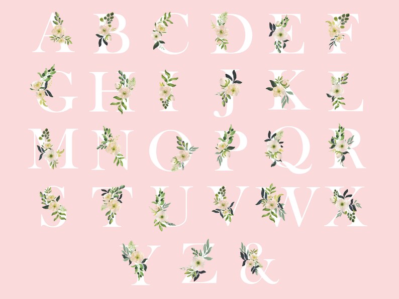May include: White letters of the alphabet with floral embellishments on a pink background. The letters are decorated with white flowers and green leaves.