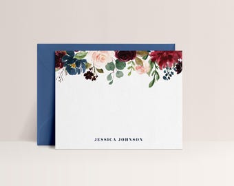 Navy Floral Note Cards | Watercolor Floral Stationary Set | Color Choices Available | Set of 10 Flat Cards and Envelopes | Design #26