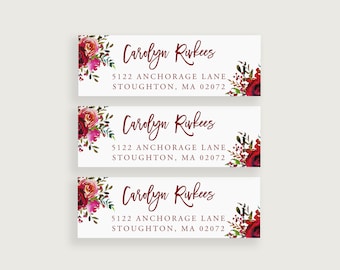 Rose Address Labels, Red Floral Personalized Return Address Label Stickers, Design #11