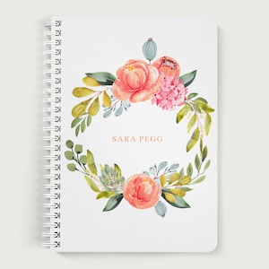 Personalized Floral Notebook Cover, Name Journal Flower, Lined or Unlined Spiral Soft Cover Spiral Book, Design #109
