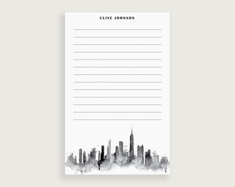 Grey Chicago Skyline Notepad, Watercolor Chicago Gifts for Men, Personalized Notepad, Design #102