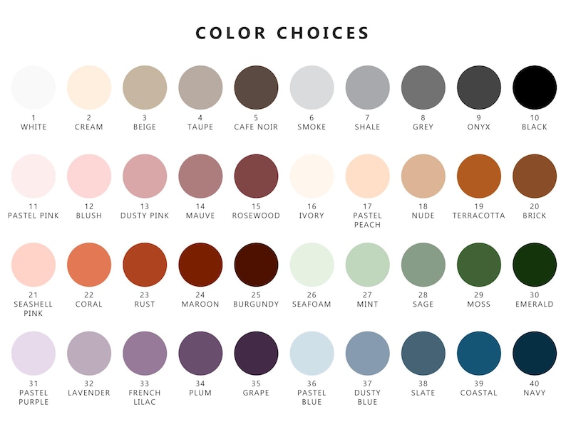 May include: A color chart with 40 different color swatches. Each swatch is labeled with a number and a color name. The colors range from white to black, and include shades of pink, red, green, blue, and purple.