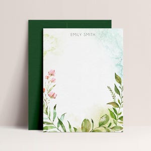 Greenery Stationary Set | Personalized Watercolor Note Card Set | Color Choices Available | Set of 10 Flat Cards and Envelopes | Design #28
