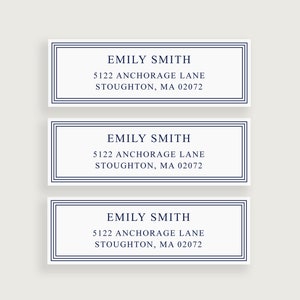 May include: Three white return address labels with a dark blue border. The labels have the text "EMILY SMITH", "5122 ANCHORAGE LANE", and "STOUGHTON, MA 02072" printed in dark blue.
