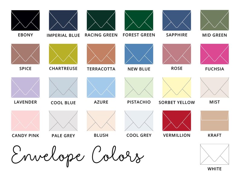 Puede incluir: Una carta de colores de sobres en varios tonos, incluyendo negro, azul, verde, rosa y amarillo. Cada sobre est&aacute; etiquetado con su nombre de color, como "Ebony", "Sapphire" y "Fuchsia". El texto "Envelope Colors" est&aacute; escrito en cursiva debajo.